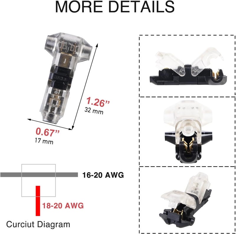 Brightfour T Tap Wire Connectors for 16-20 AWG Wires, No Wire Stripping Low Voltage Wire Splice Connectors, Solderless 3 Way 1 Pin 12 Pack - Image 4